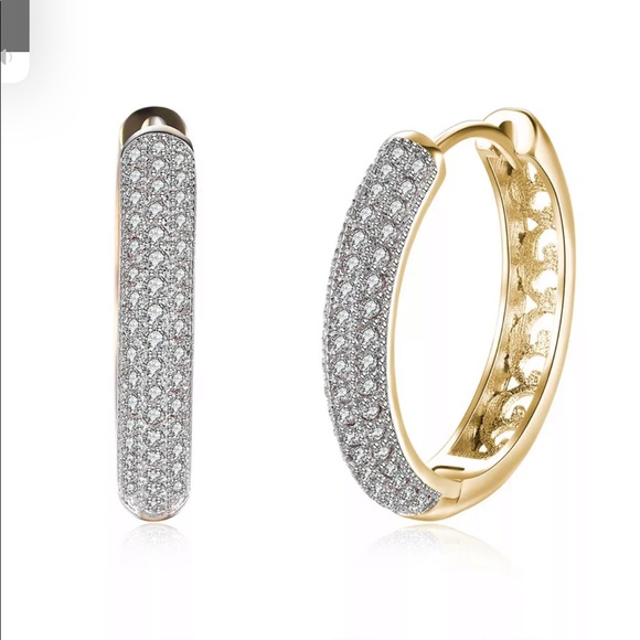 New Yellow Gold Plated Diamond Round Hoop Earrings - Picture 2 of 6